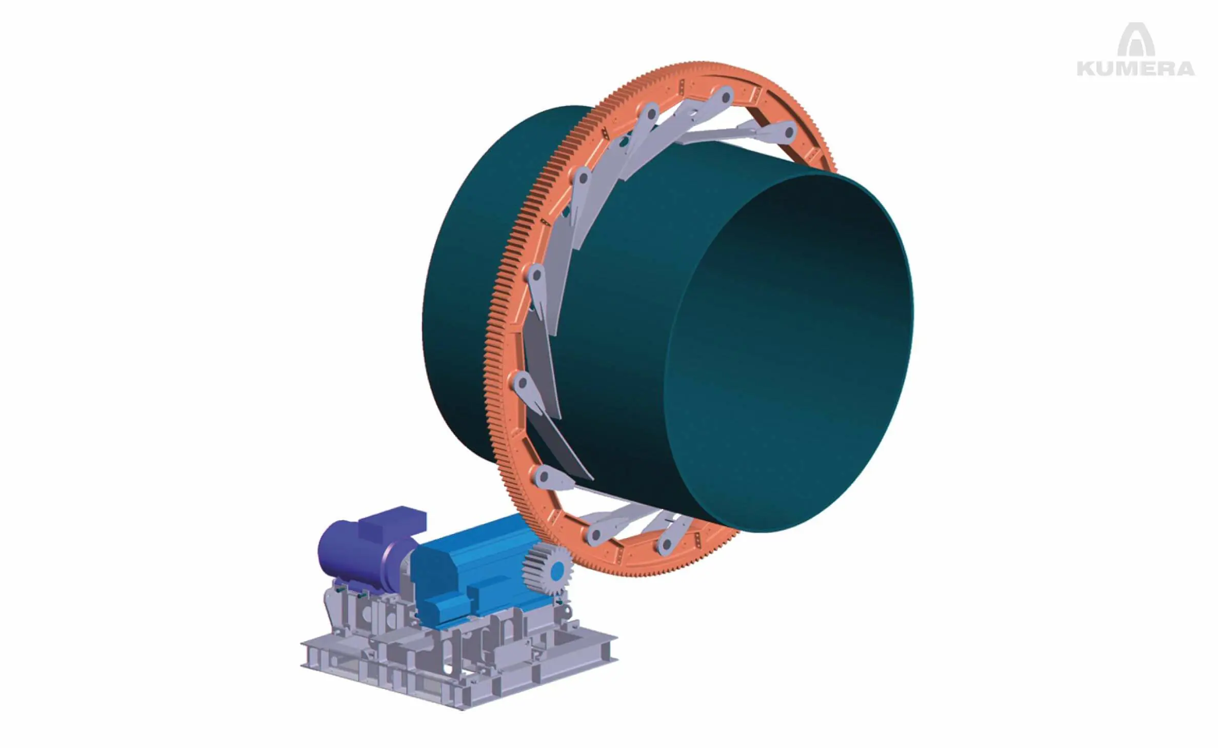 Kumera Girth Gears for Drum Drives. Kumera girth gear can be single or double pinion driven. Pinions are manufactured as a single part with an integrated shaft; however, the pinion can be separated and mounted on a separate shaft, supported by bearings, or, on the output shaft of the main gear unit.