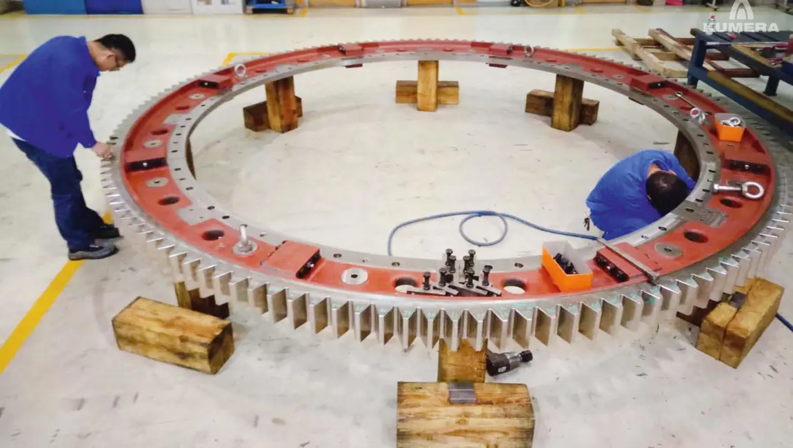 Kumera Girth Gears for Drum Drives. Kumera girth gear can be single or double pinion driven. Pinions are manufactured as a single part with an integrated shaft; however, the pinion can be separated and mounted on a separate shaft, supported by bearings, or, on the output shaft of the main gear unit.