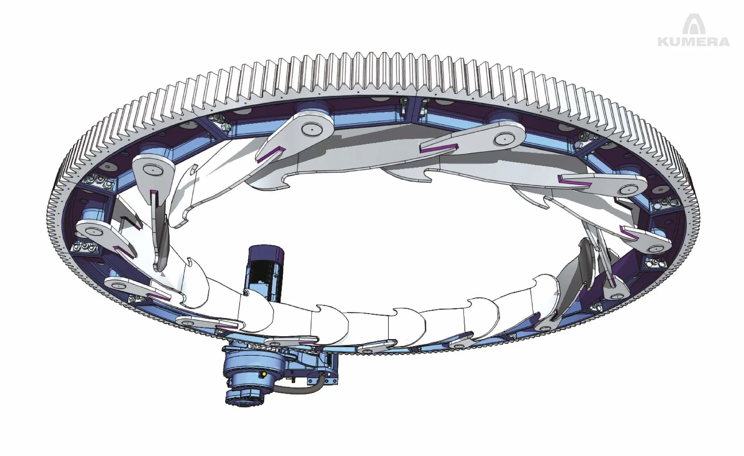 Kumera Girth Gears for Drum Drives. Kumera girth gear can be single or double pinion driven. Pinions are manufactured as a single part with an integrated shaft; however, the pinion can be separated and mounted on a separate shaft, supported by bearings, or, on the output shaft of the main gear unit.