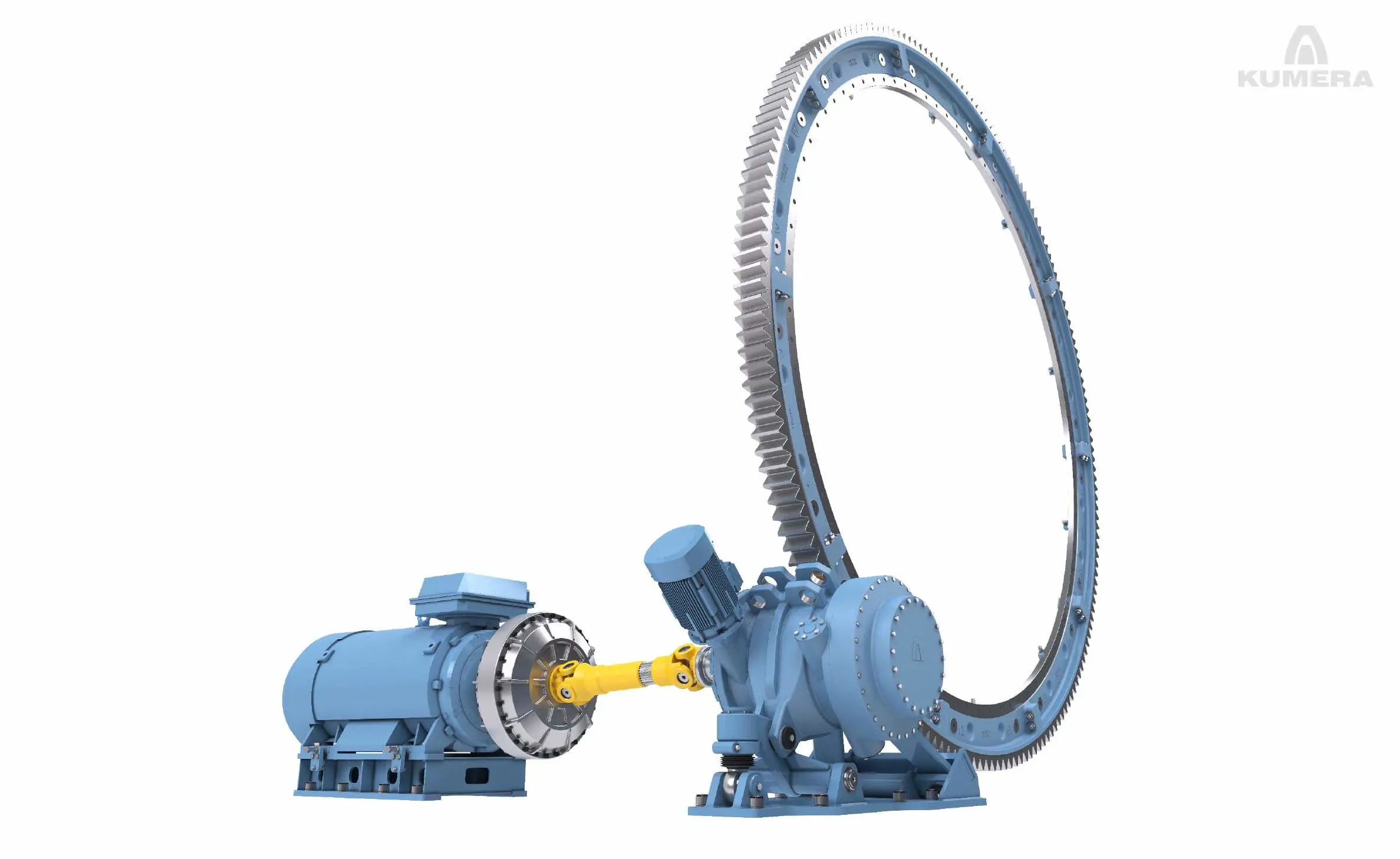 Kumera Girth Gears for Drum Drives. Kumera girth gear can be single or double pinion driven. Pinions are manufactured as a single part with an integrated shaft; however, the pinion can be separated and mounted on a separate shaft, supported by bearings, or, on the output shaft of the main gear unit.